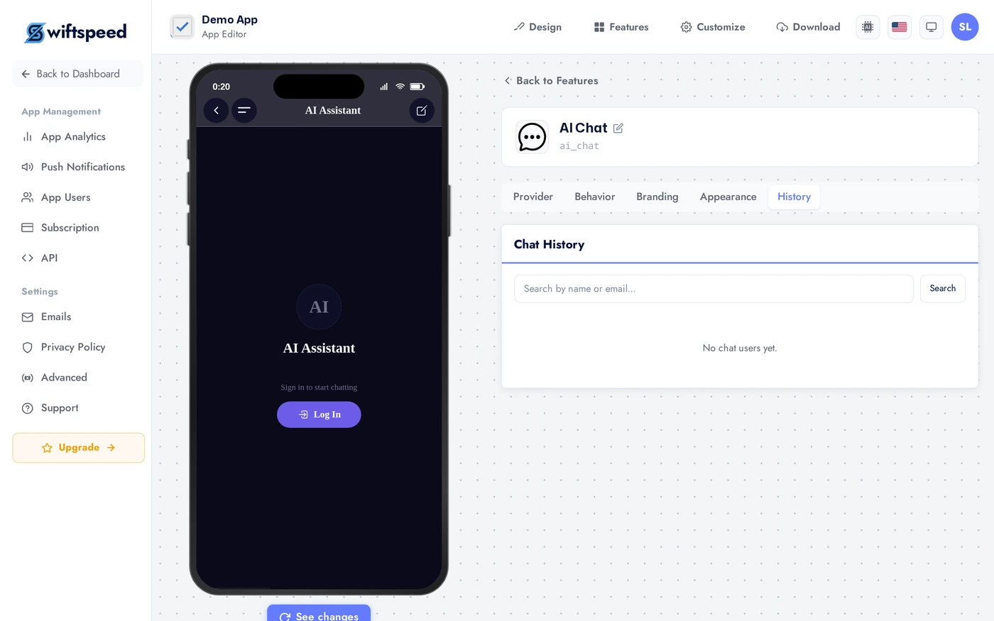 AI Chat History tab with context window controls and conversation list