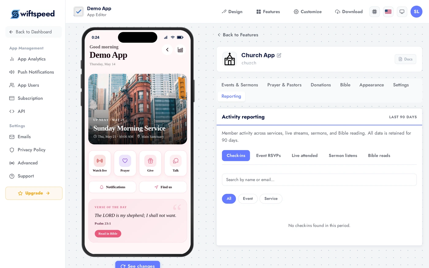 Church App Reporting tab