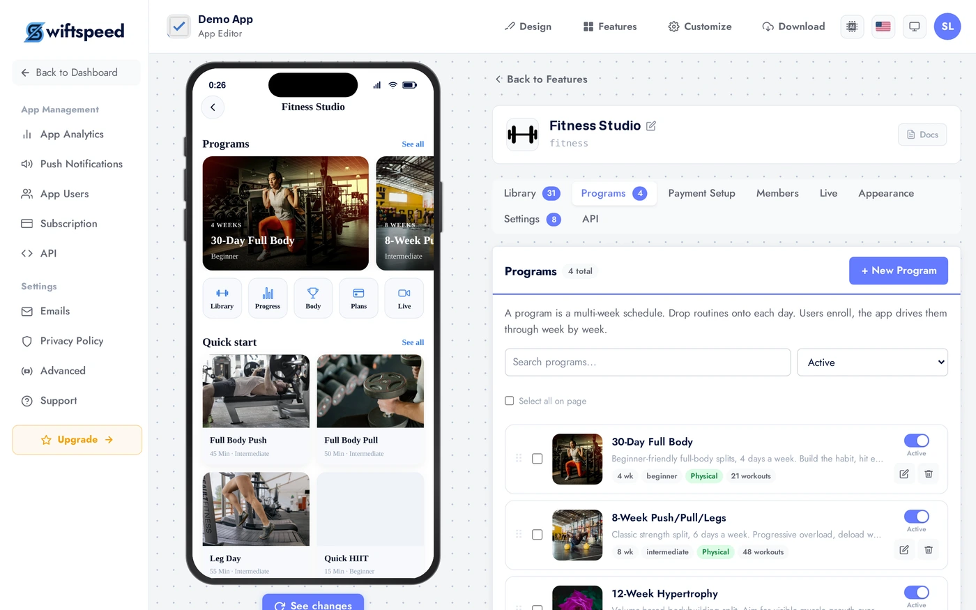 Fitness Studio Programs tab