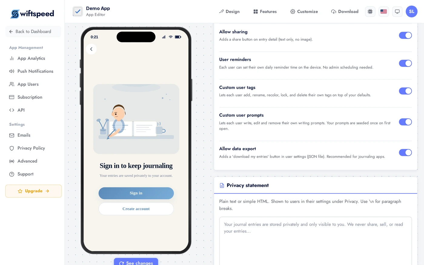 Journal Privacy tab with privacy statement field and login requirements