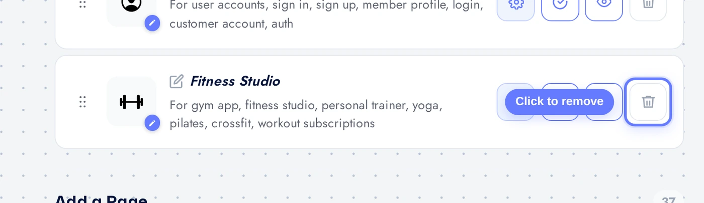 Features page with the Fitness Studio row and red remove button highlighted