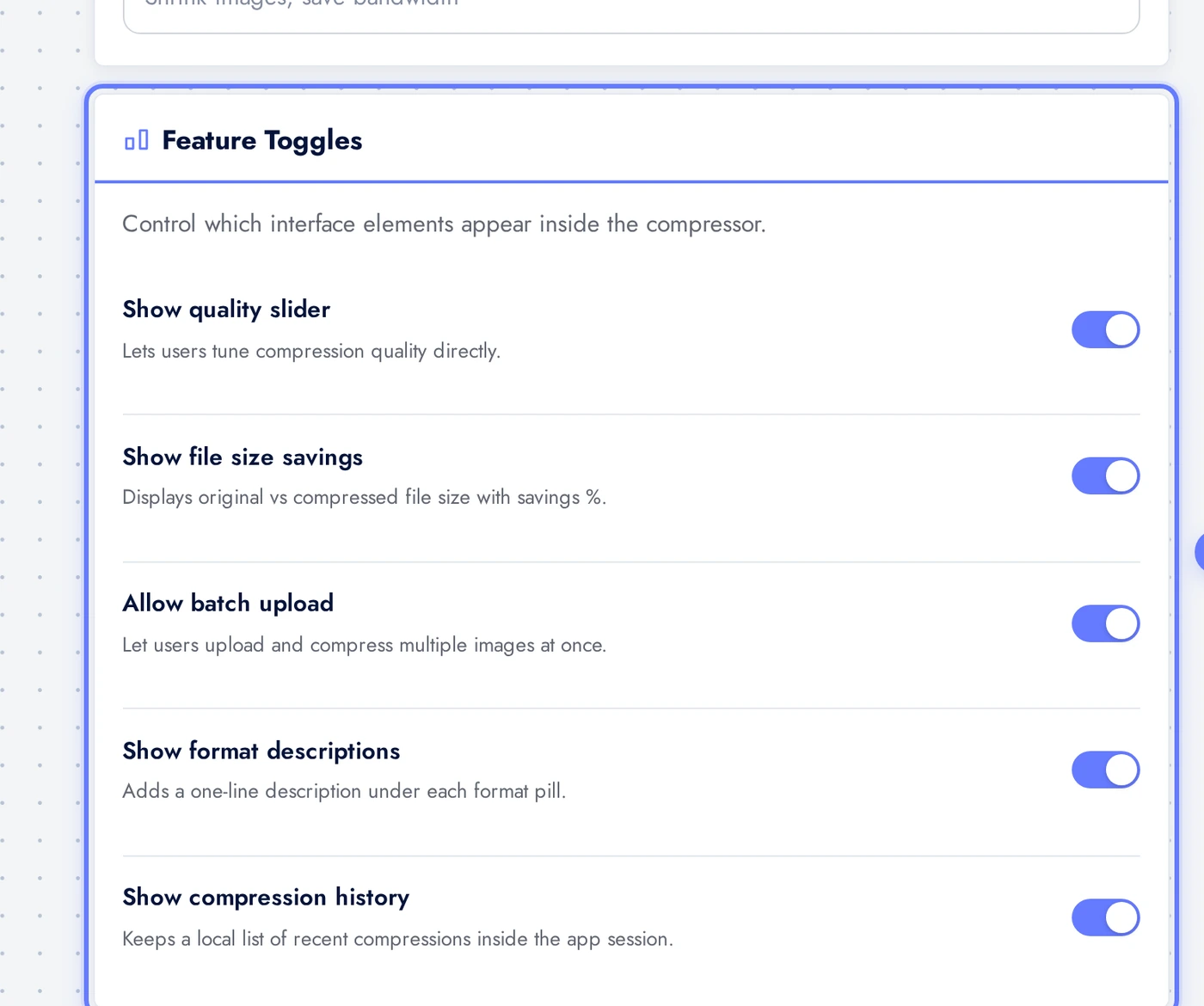 AI Image Compressor Feature Toggles card with quality slider, size savings, batch upload, format descriptions, history toggles