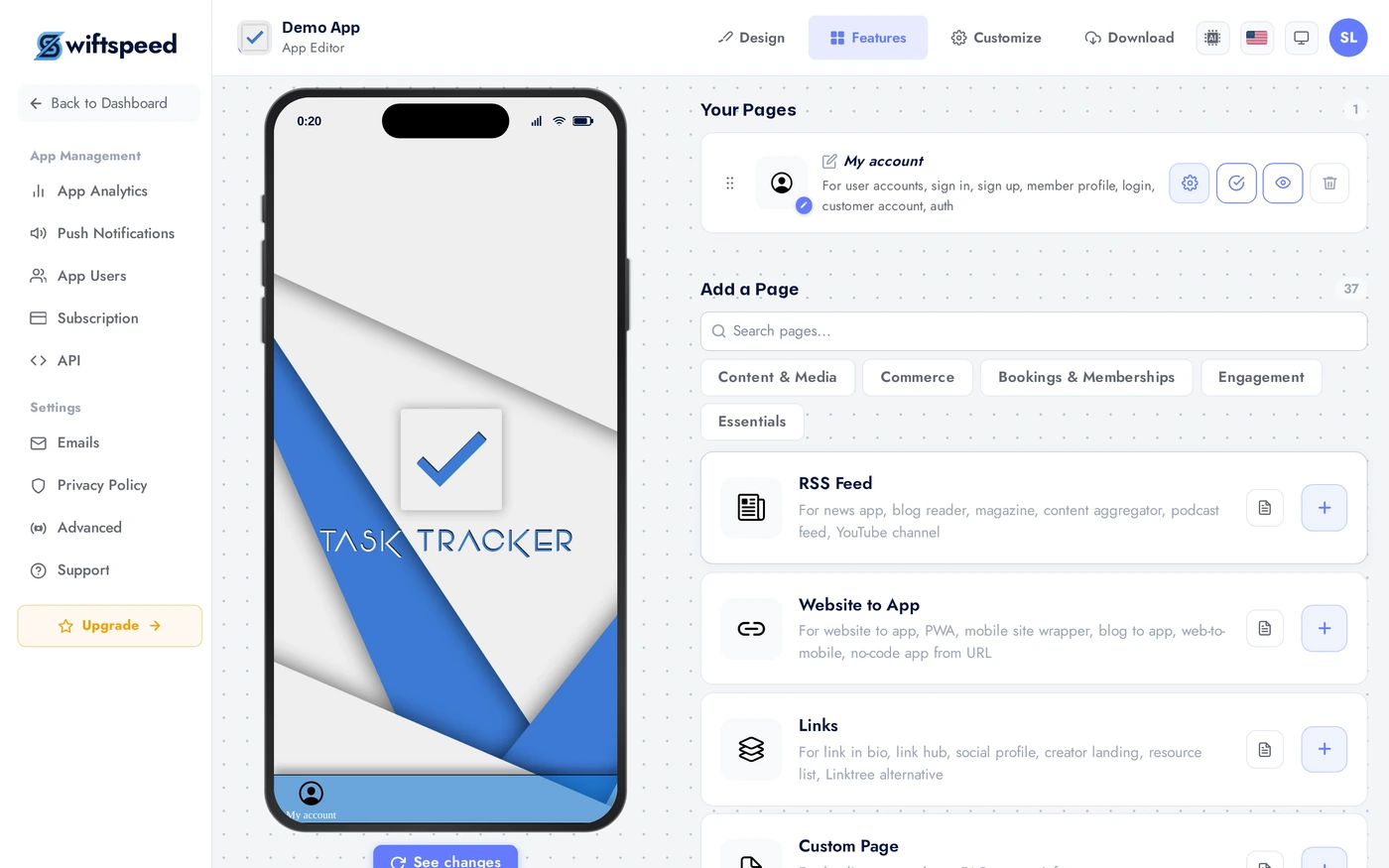 App editor Features tab