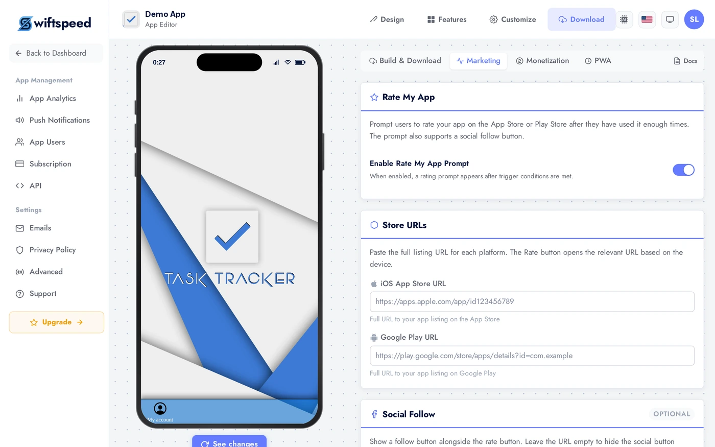 App editor on the Publish > Marketing page