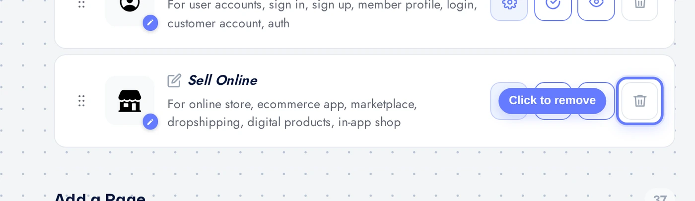 Features page with the Sell Online row and red remove button highlighted