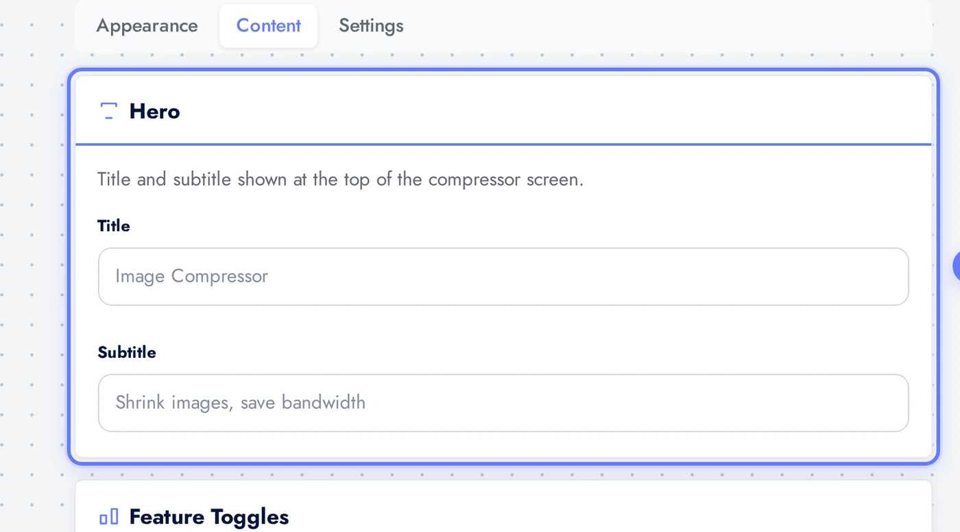AI Image Compressor Content tab showing the Hero card with title and subtitle fields