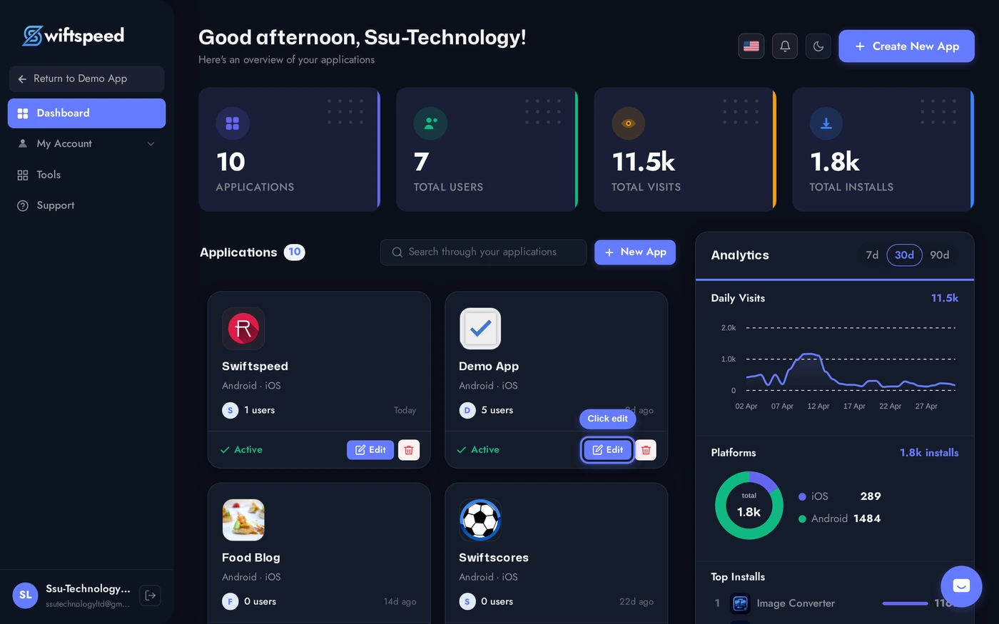 Swiftspeed dashboard with the Demo App card highlighted and an arrow on the edit pencil