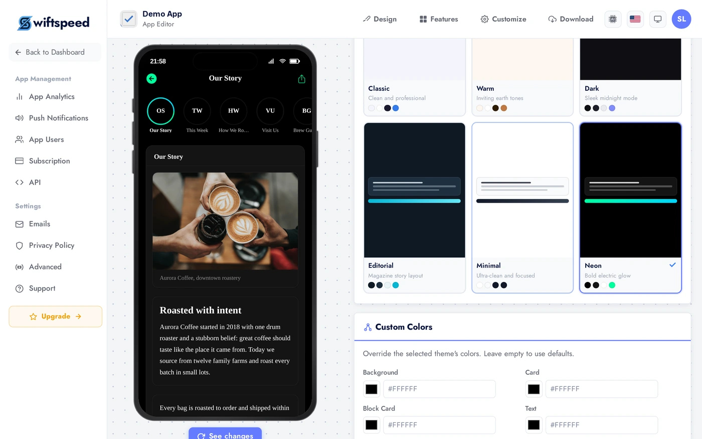 The Appearance tab with the Neon theme selected