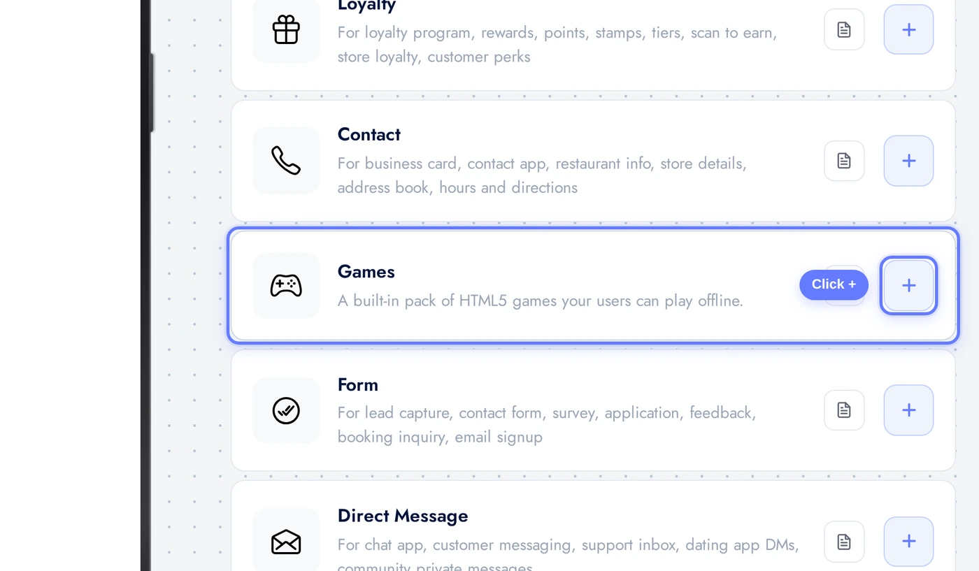 Add a Page list with the Games card highlighted