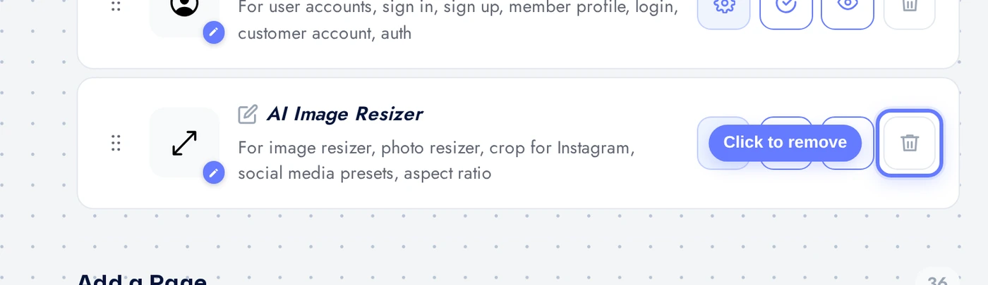 Features page with the AI Image Resizer row and the red remove button highlighted