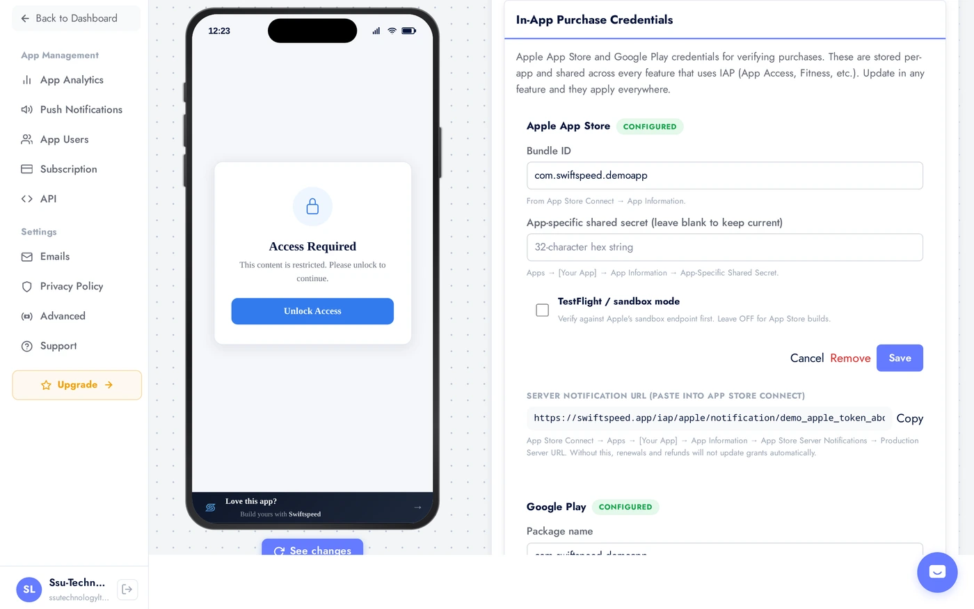 Google credentials form with Package name and Service account file picker