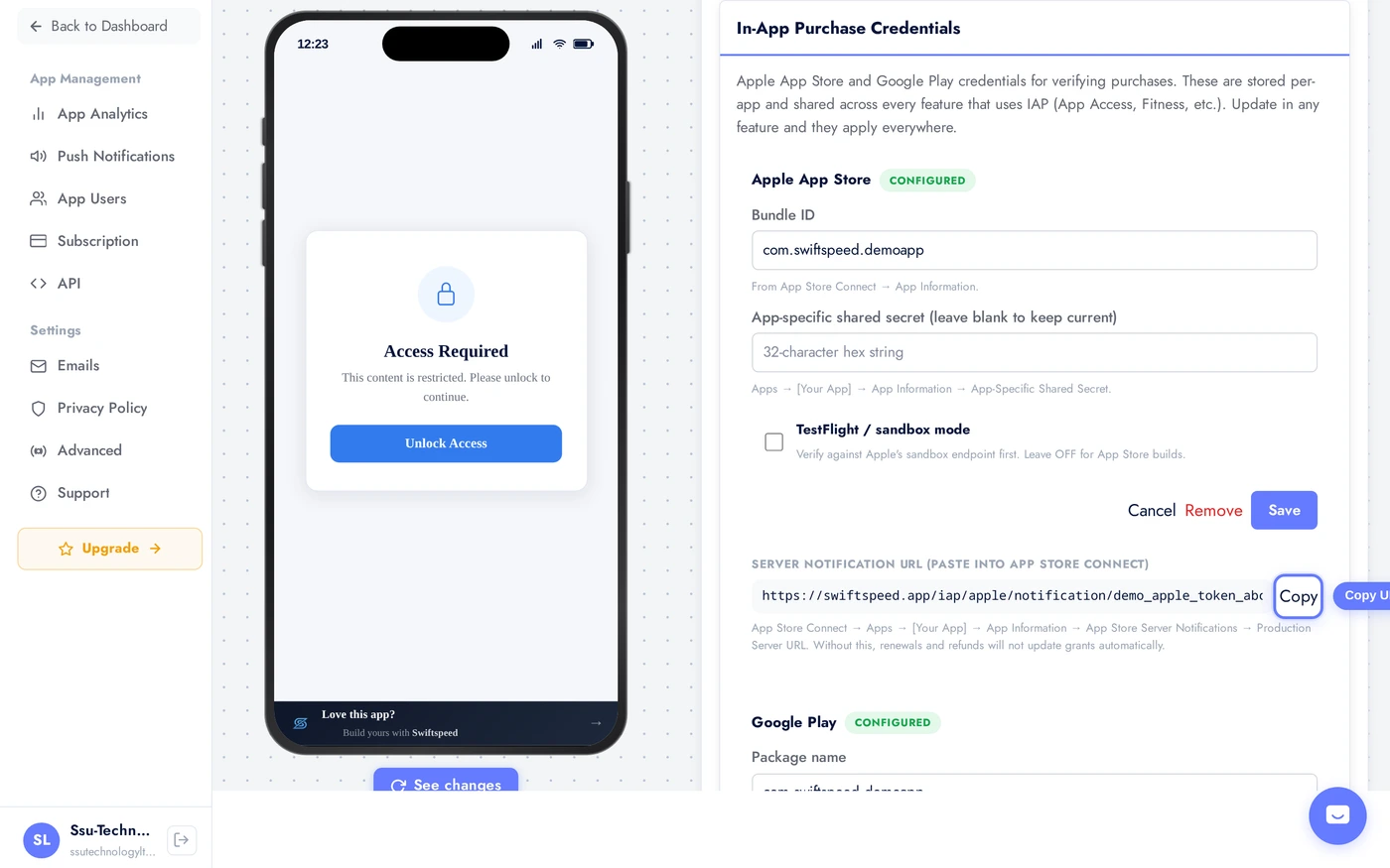 Apple webhook URL field with Copy button