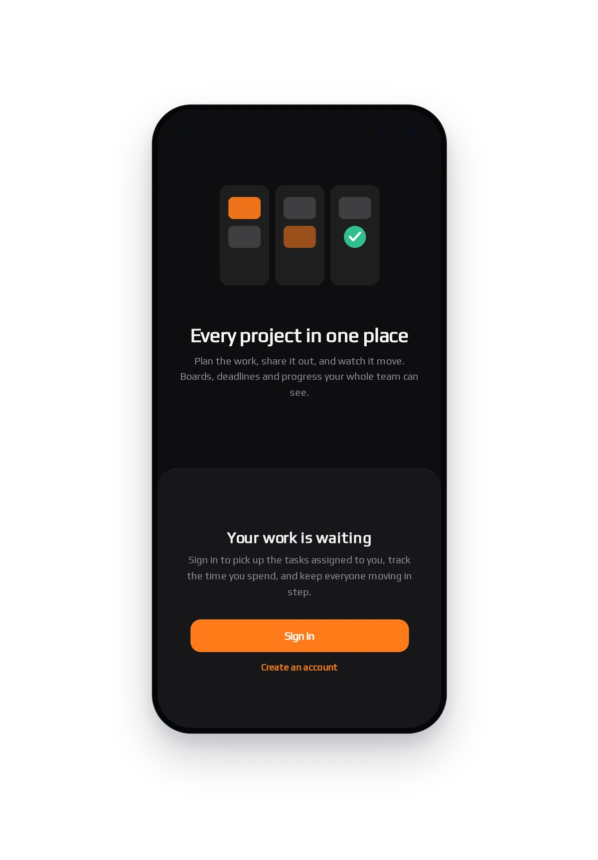 Phone frame rendering the project management app home screen