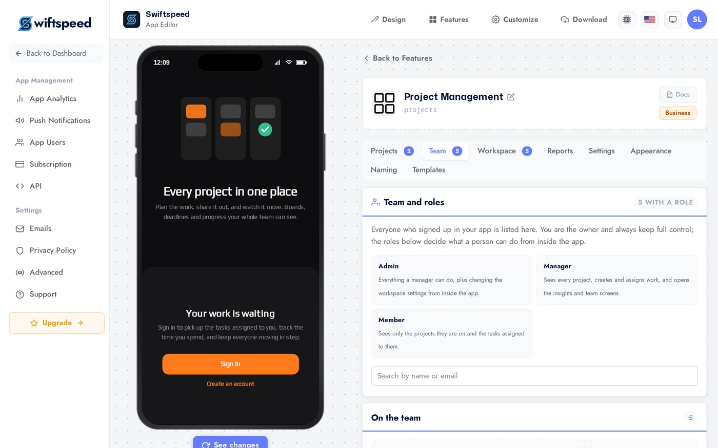 Team tab in the editor listing app users with a role dropdown for each person
