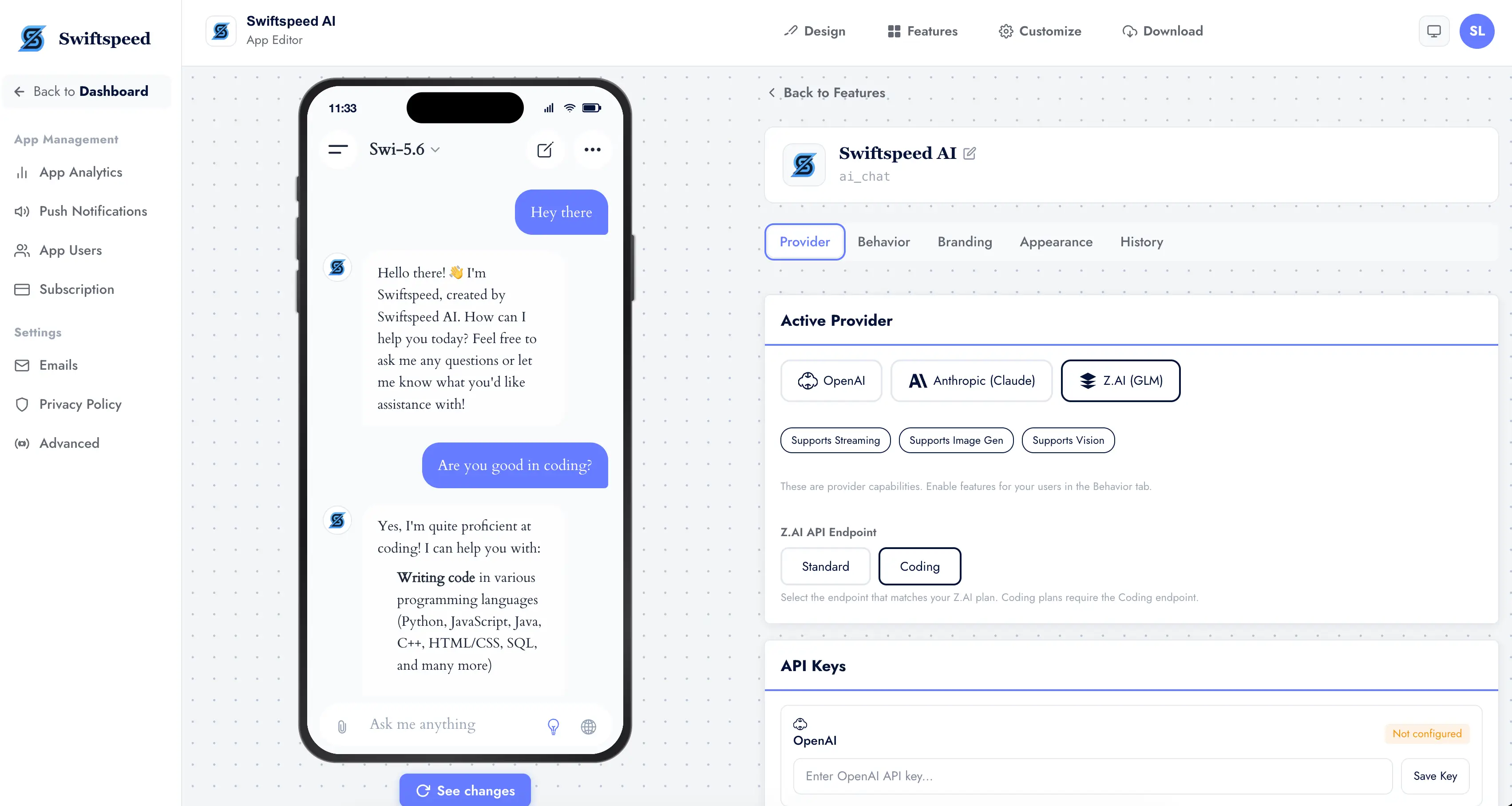 Swiftspeed AI app builder editor interface with theme customization