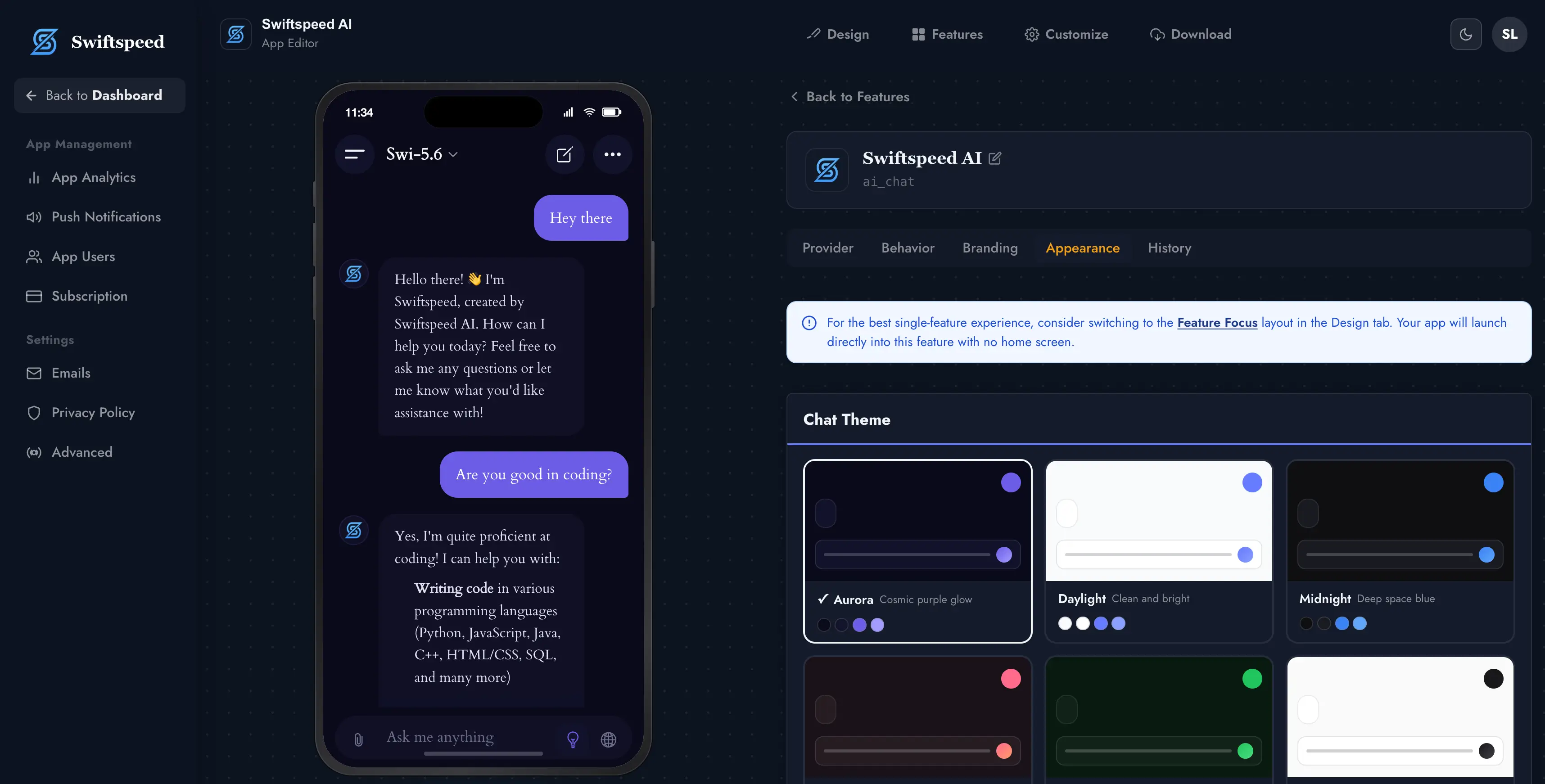 AI app builder editor with provider settings and theme configuration