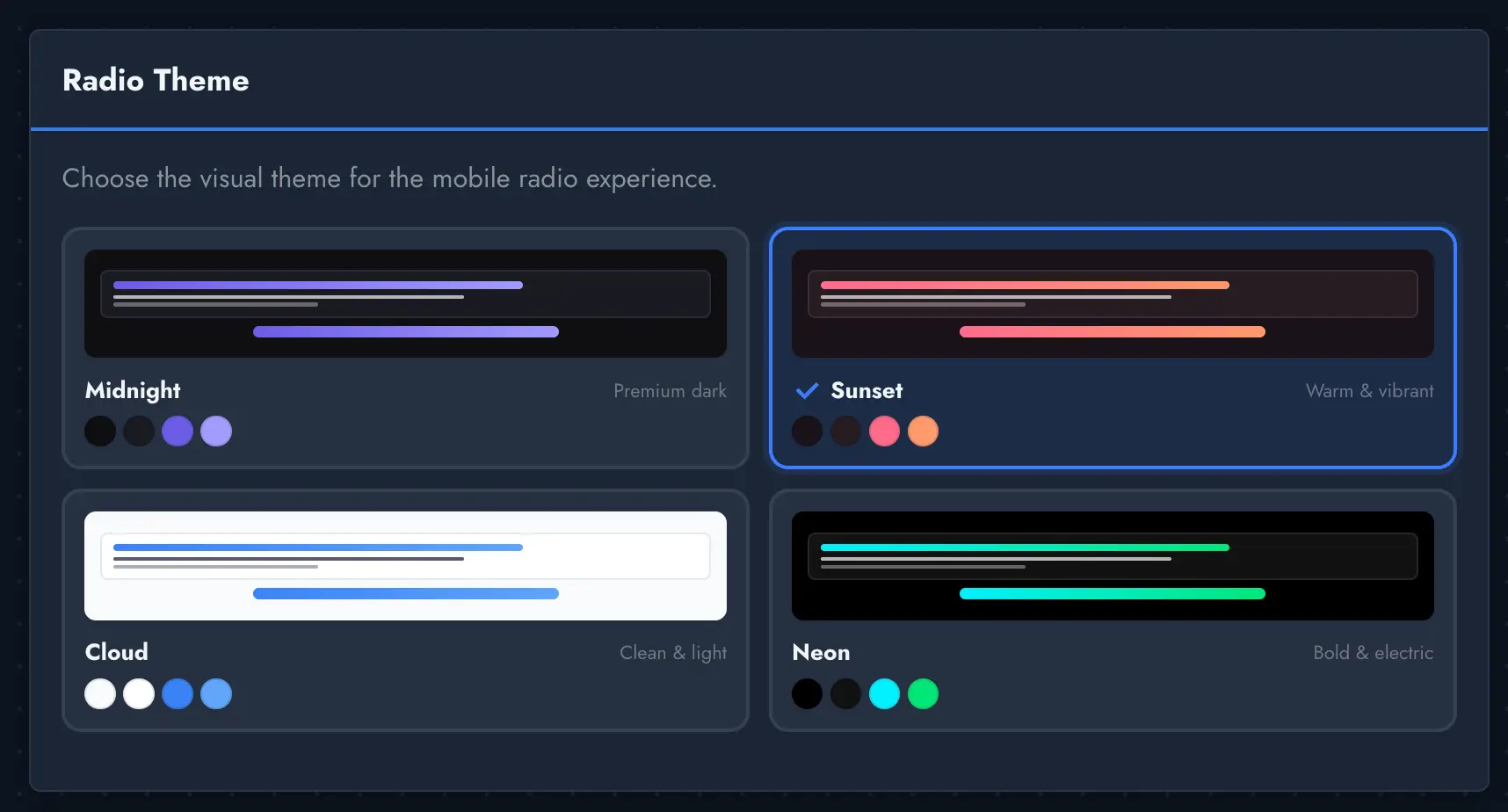 Swiftspeed AI App Builder — Theme selection with live preview