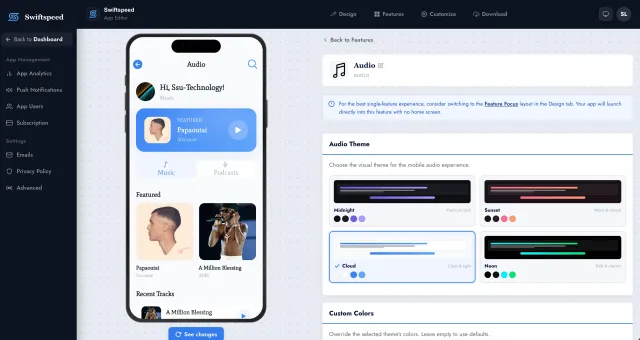 White label app builder — Audio feature editor