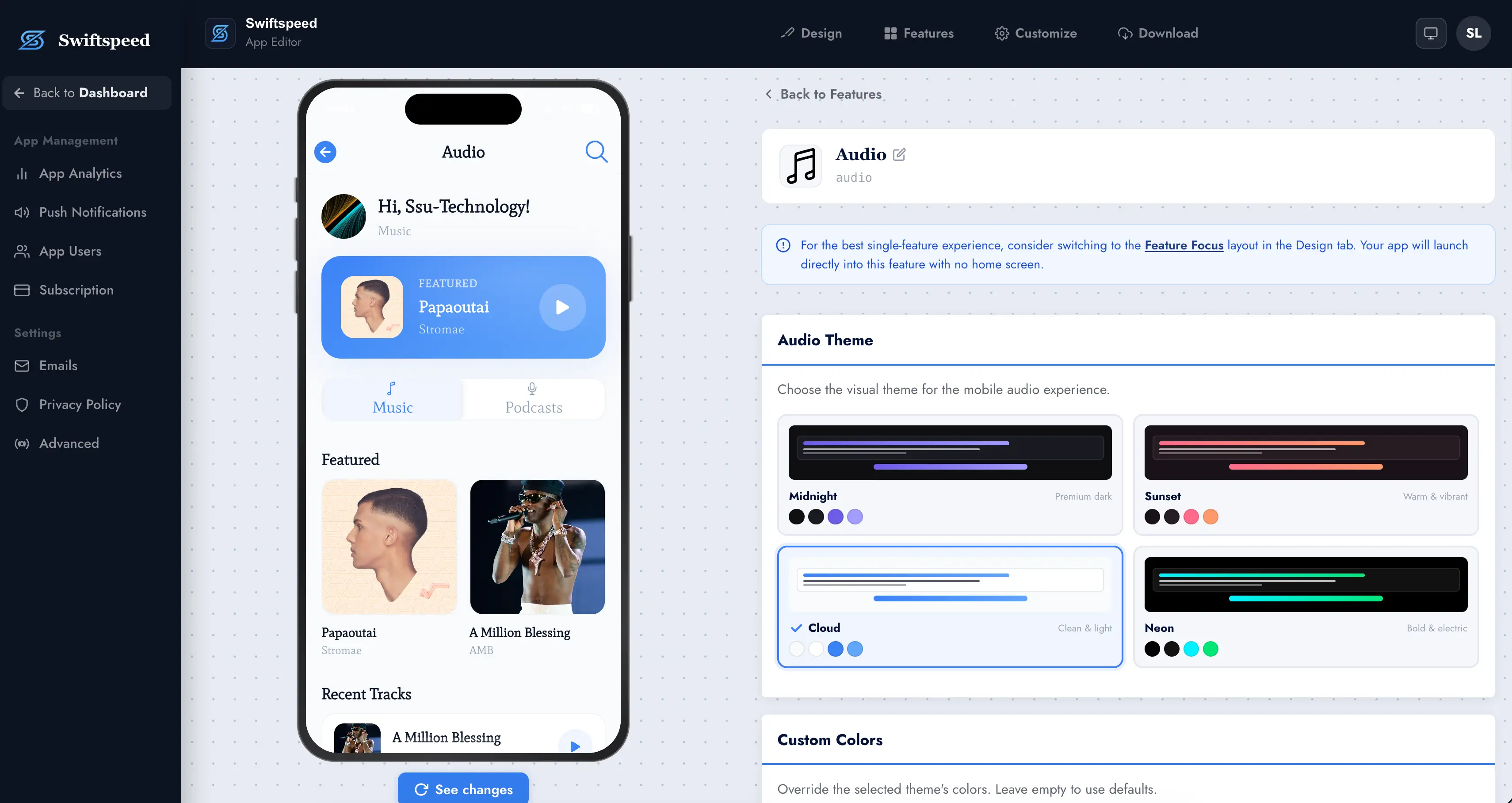 White label app builder — feature editor under your brand