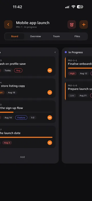 Kanban project board in a mobile app with To do and In progress columns