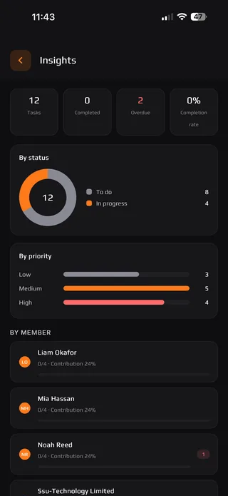 Project insights screen showing tasks by status, priority and contribution per team member