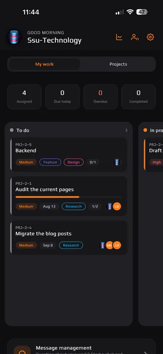 Project management app showing my work with assigned tasks, due dates and progress on a phone
