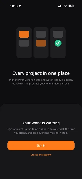 Project management app sign-in screen with custom branding