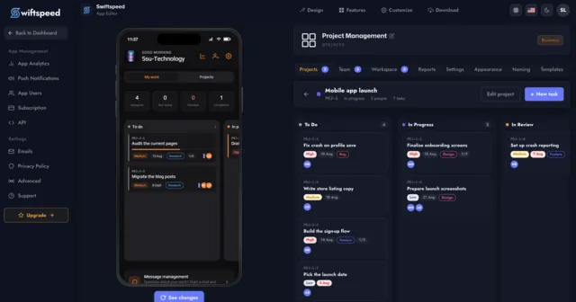 Swiftspeed editor showing the Projects tab with a project list and progress