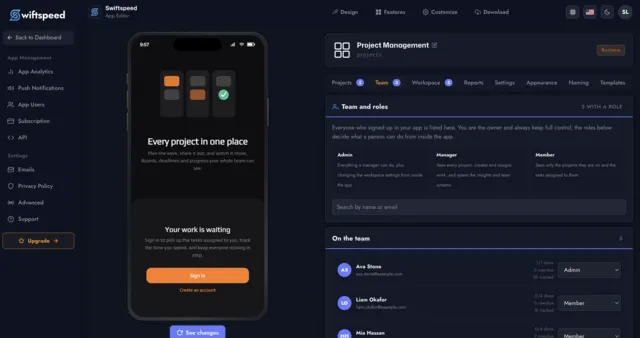 Swiftspeed editor showing team members and the admin, manager and member roles