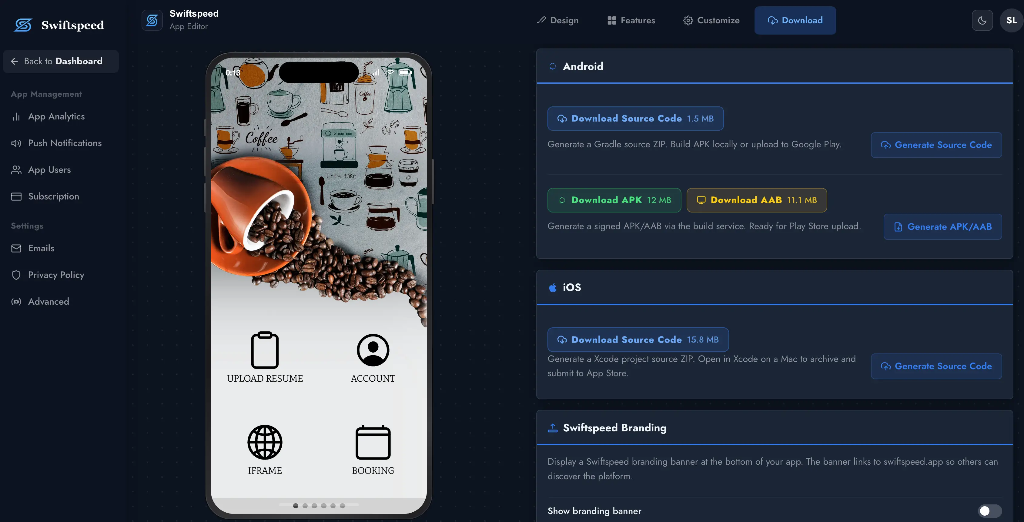 Swiftspeed editor — Download tab with APK, AAB, and source code exports
