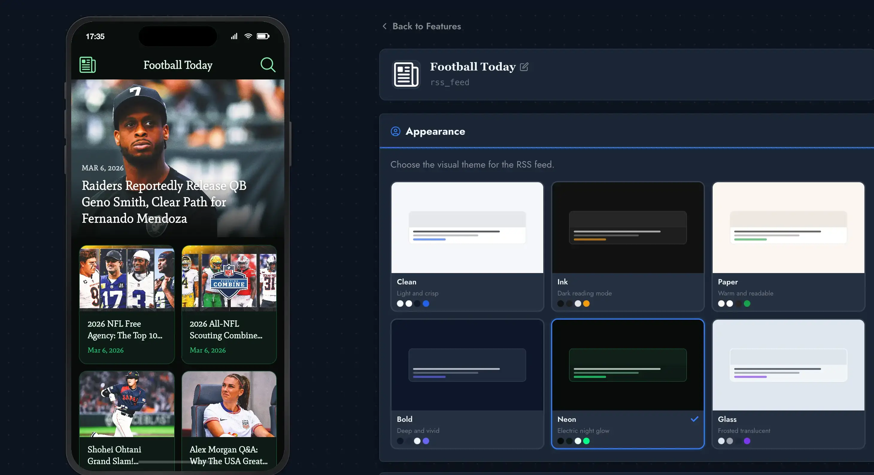 RSS feed reader with theme picker and live phone preview