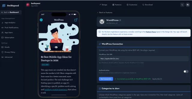 WordPress app builder — connection settings and live phone preview