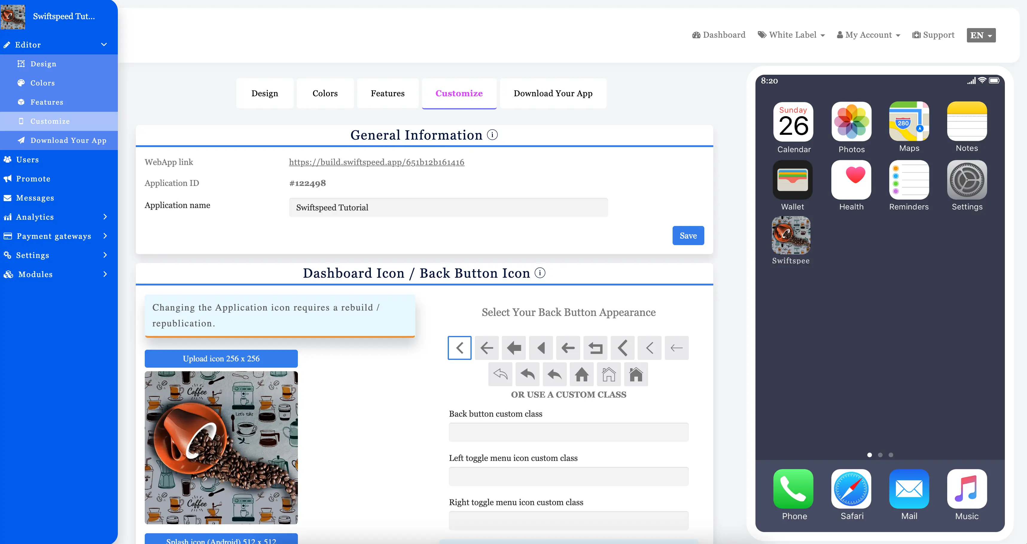 How To Make An App With Swiftspeed App Builder 14 Customize