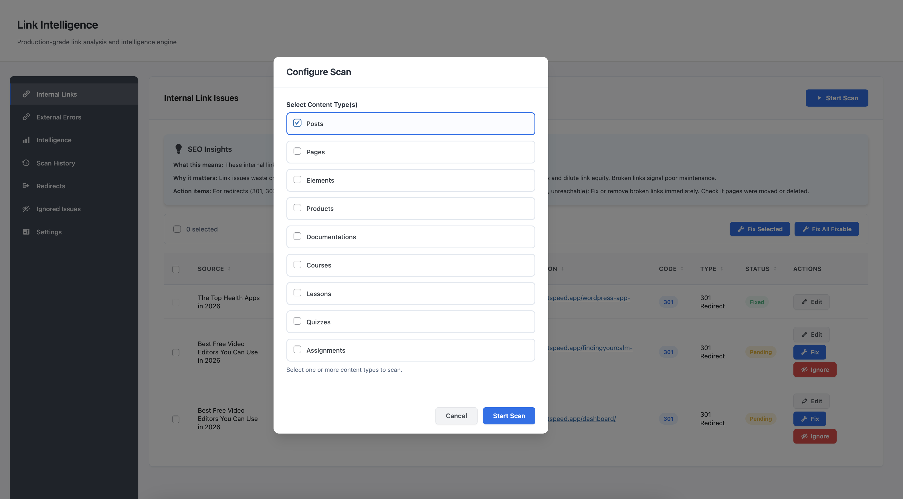 Link Diagnostic plugin - Internal Link Issues Scan Results