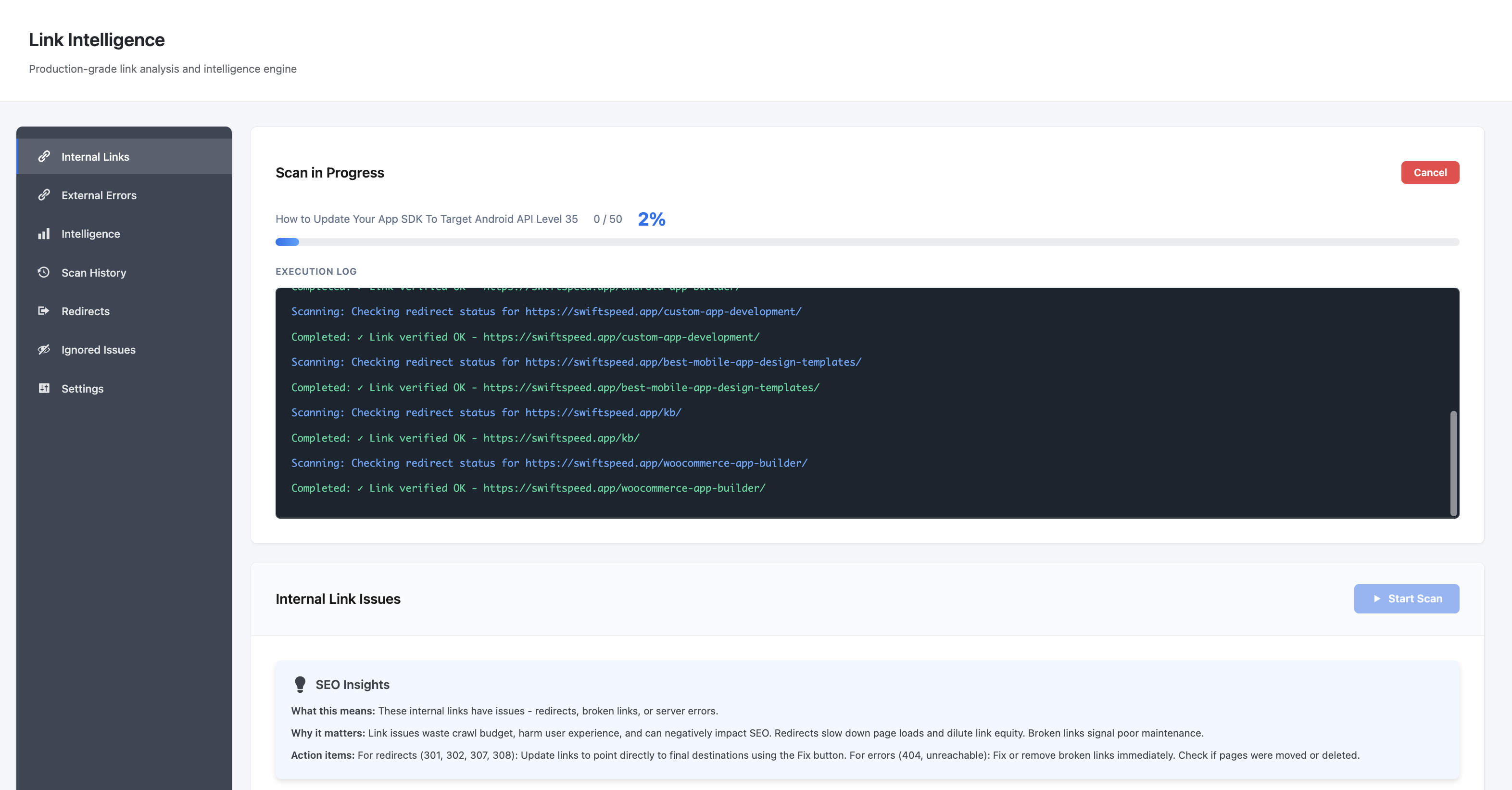 Link Diagnostic plugin - Internal Link Issues Scan Log